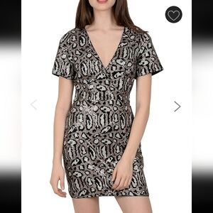 Molly Bracken Leopard Sequin Mini Faux Wrap Dress, VGUC, Size XS
